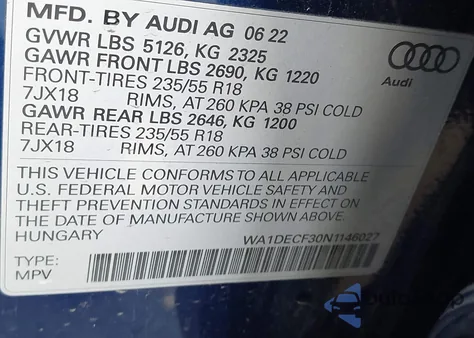 2022 Audi Q3 Premium 45 Tfsi S Line Quattro Tiptronic z USA, uszkodzony, nr VIN WA1DECF30N1146027